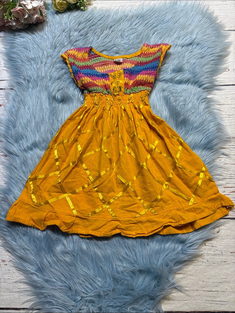 Girls' Yellow Embroidered Cotton Dress with Multicolor Crochet Bodice Sz 6
